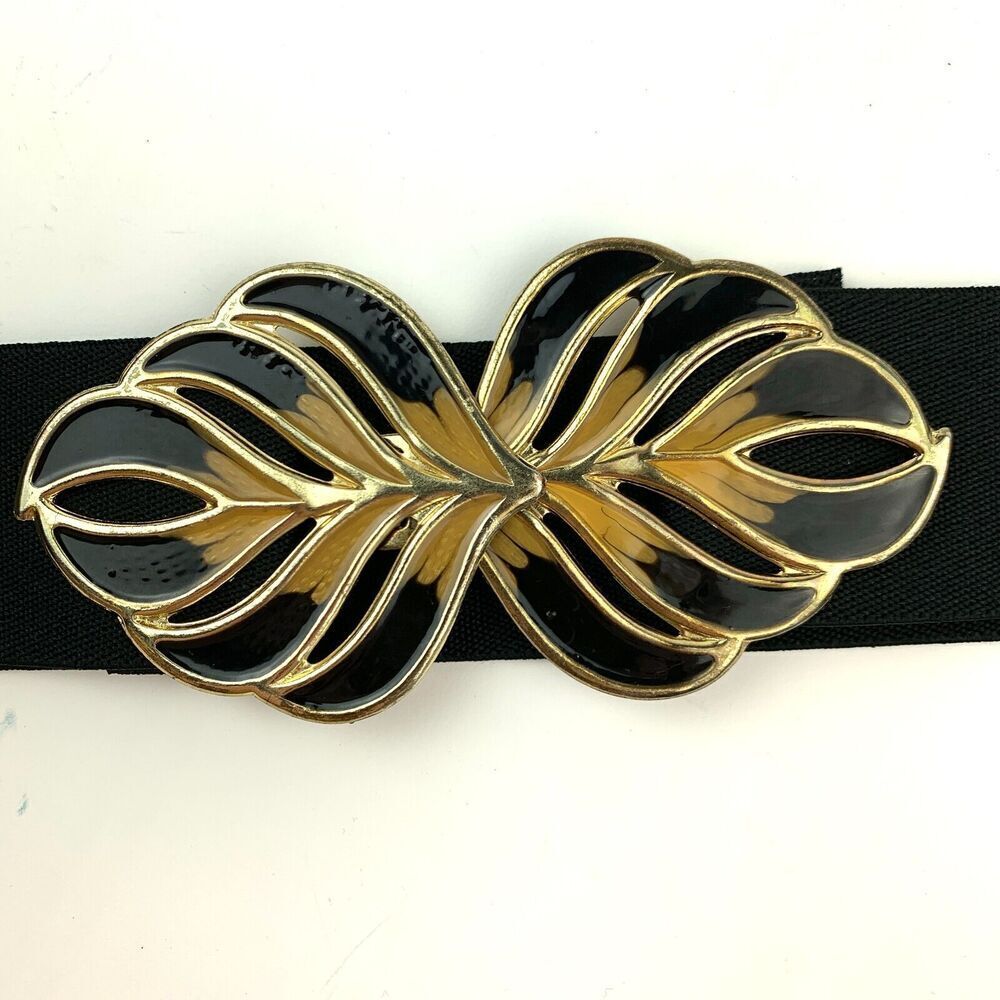 Vintage 80s Black Gold Stretch Enamel Metal Hook Clasp Peacock Feather 31" - Picture 5 of 8